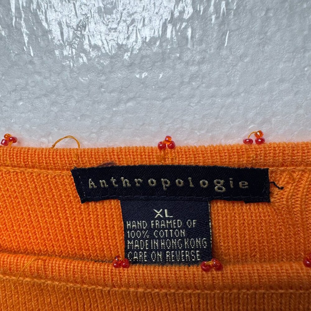 Anthropologie Womens Sz XL Orange Pink Beaded Fringe Top Y2K Vintage 3/4 Sleeve - Picture 2 of 11